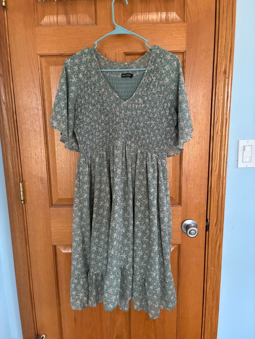 Mikarose Sage Green Floral Smocked Midi Dress